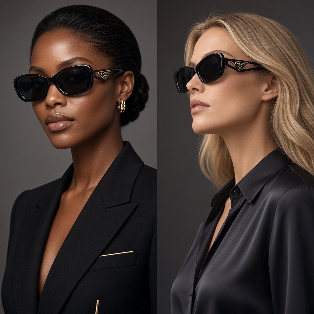 Sunglasses Women One Size Black New Oval Designer Style Gold Triangle Logo UV400